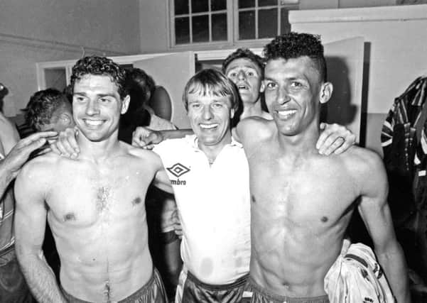 Dave Bassett celebrates promotion with Sheffield United's players after the Leicester game in 1990.