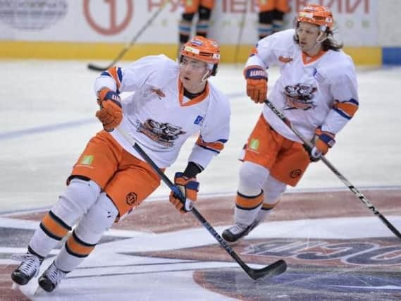 Cole Shudra, left, star of the show for Sheffield Steelers on Sunday night. Picture: Dean Woolley.