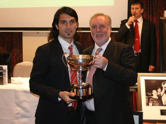 Patrick Cryne, right, pictured with former Barnsley player, Hugo Colace.