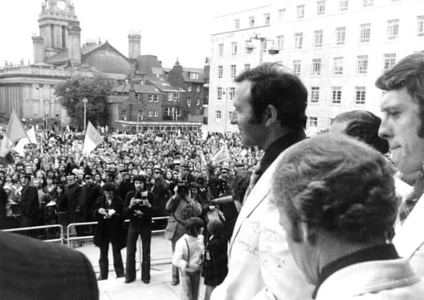 Leeds Uniteds manager Jimmy Armfield and the team greet supporters on the steps of the citys Civic Hall the day after their 1975 European Cup final appearance (Picture: Yorkshire Post).