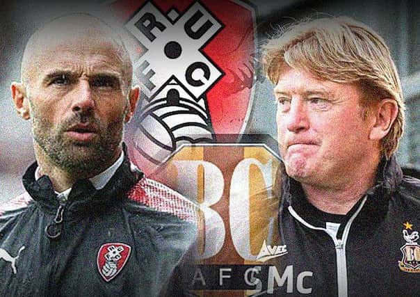 DERBY DATE: Rotherham manager Paul Warne, left, will pit his wits against Bradford counterpart Stuart McCall. Graphic: Graeme Bandeira.
