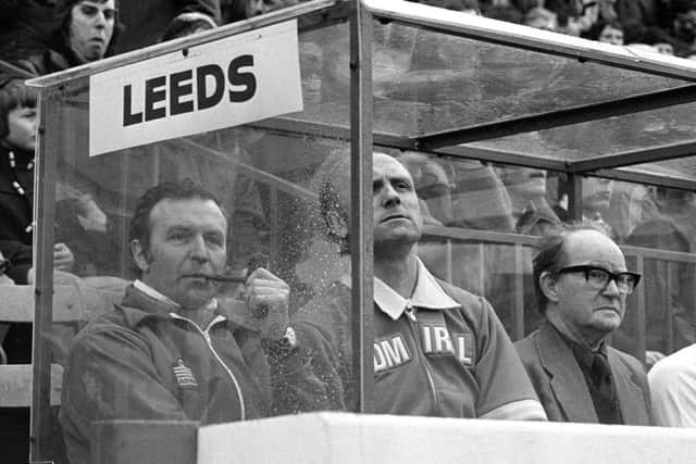 Jimmy Armfield, in the dugout with assistant Don Howe as Leeds United take on Manchester Unioted in the 1977 FA Cup semi-final.