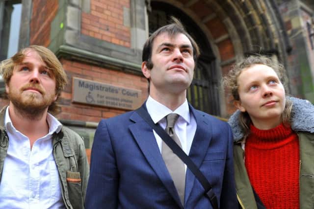Eddie Thornton, Matthew Trevelyan and Leigh Coghill: anti-fracking protestors who have been arrested at Kirby Misperton at York Magistrates Court.