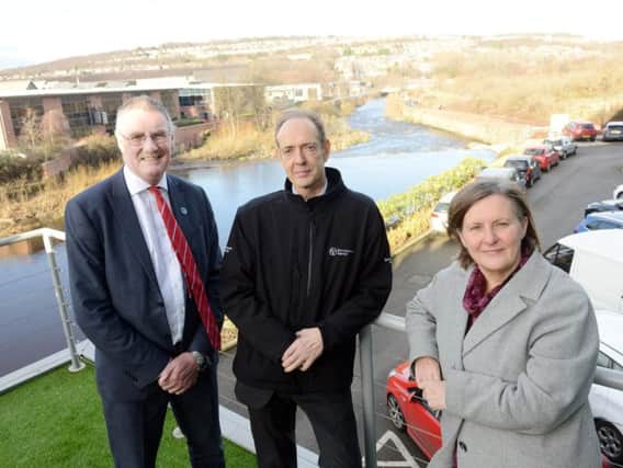 Richard Wright, executive director of Sheffield Chamber of Commerce, at the unveiling of the new flood defences, with Environment Agency chief executive Sir James Bevan and Sheffield Council leader Julie Dore