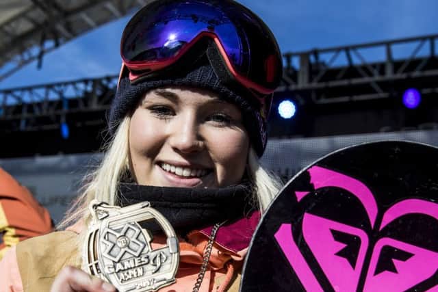 Katie Ormerod celebrates on the podium during Women's Snowboard Slopestyle at Winter X 2017 in Aspen