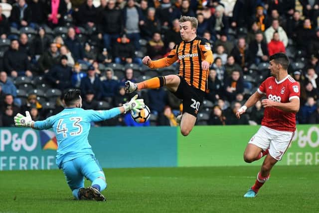 Hands off: Hull City's Jarrod Bowen, having his shot saved by Forest's Jordan Smith in the FA Cup, is not for sale.  Picture: Jonathan Gawthorpe