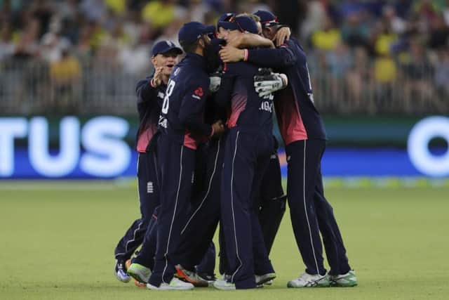 FINE ENDING: England players celebrate their win over Australia in Perth. Picture: AP/Trevor Collens