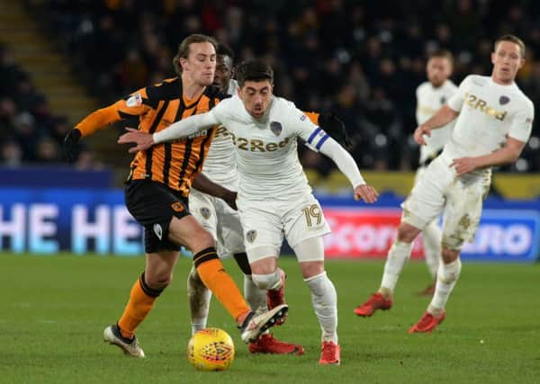 COME HERE: Hull's Jackson Irvine tries to rob the ball from Leeds' Pablo Hernandez..  Picture: Bruce Rollinson