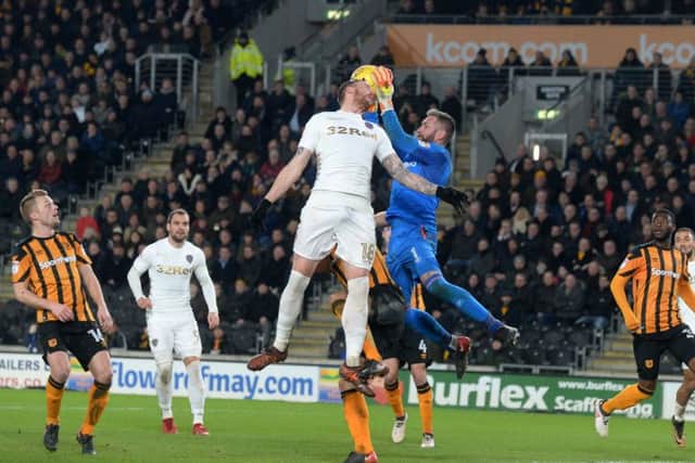 MINE: Hull goalkeeper Allan McGregor takes the ball from Leeds United's Pontus Jansson.  Picture: Bruce Rollinson