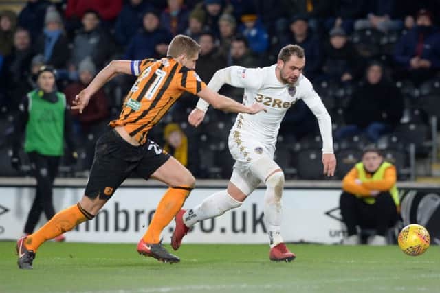 KEENLY-FOUGHT: Hull City's Michael Dawson closes in on Leeds United's Pierre-Michael Lasogga.  Picture Bruce Rollinson