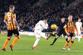 Leeds United's Pablo Hernandez fires in a shot as 
Hull City's Jarrod Bowen, right, looks on.  Picture: Bruce Rollinson