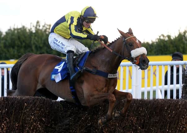 The Last Samuri and David Bass clear the last before winning the 2016 Grimthorpe Chase at Doncaster.