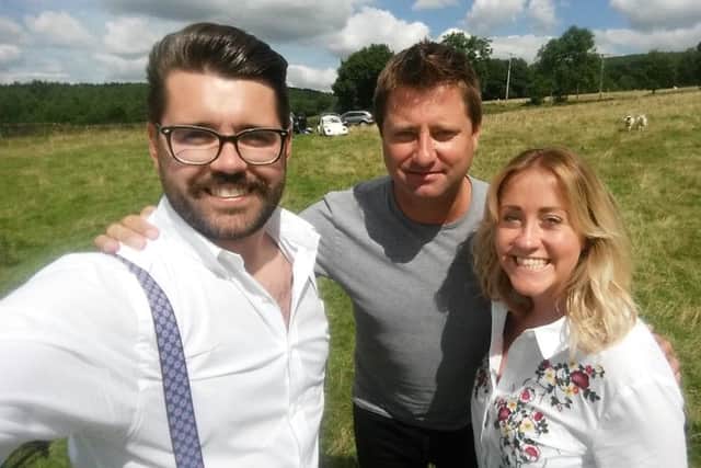 Sam with his girlfriend, Jess, and TV presenter and architect George Clarke.