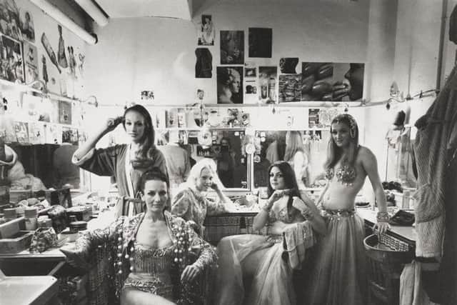 Five Blackpool Tower Circusettes in their changing room, Blackpool Tower, 1974. The Circusettes were a troupe of attractive young women who preceded the acts with a short dance routine. It was their job to fill in the gaps between acts, keep the show flowing and generally look good.