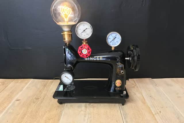 Pipe Creative
Dave's Singer sewing machine light with pressure gauges for added interest. 
Picture by Jody Clarke.