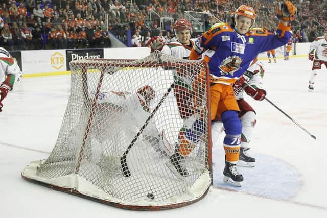 Levi Nelson strikes in the third period for Sheffield Steelers against Cardiff Devils. Picture: Dean Woolley.