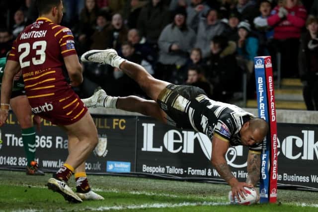 Hull FC's Fetuli Talanoa scores a try during the Betfred Super League match at the KCOM Stadium, Hull.