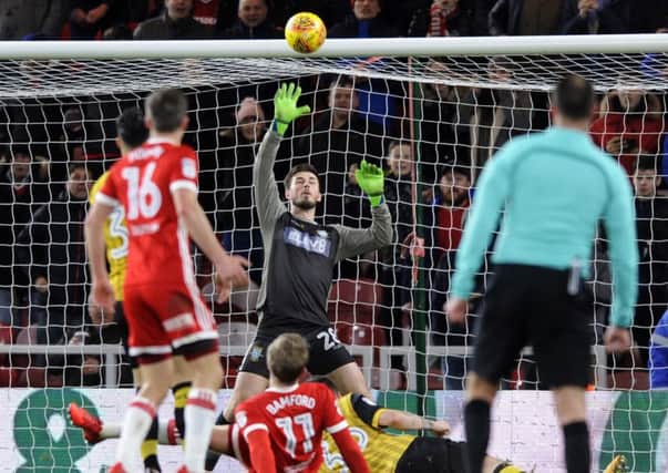 Sheffield Wednesday goalkeeper Joe Wildsmith reacts smartly to deny Middlesbroughs Stewart Downing (Picture: Steve Ellis).