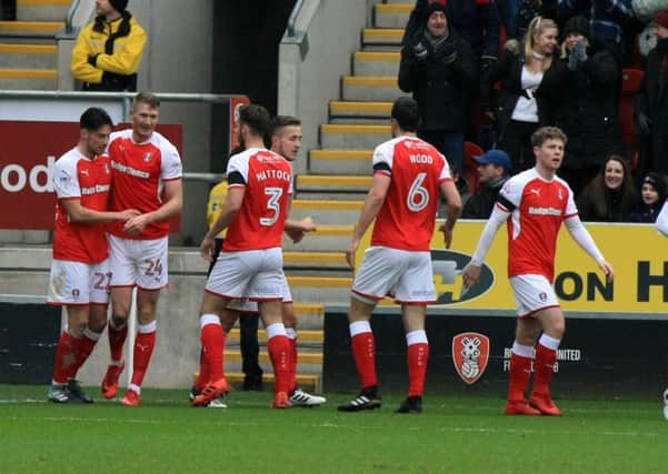 Well done: Rotherham's Michael Smith celebrates after scoring the first goal. Picture: Chris Etchells