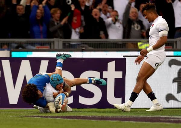 England's Jack Nowell scores his side's seventh try in the 46-15 victory over Italy at the Stadio Olimpico, Rome (Picture: Steven Paston/PA Wire).