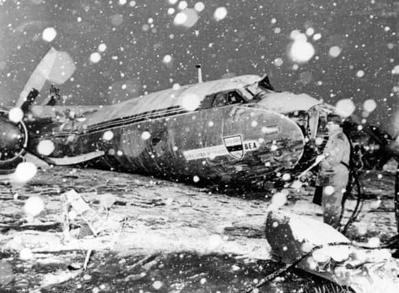 The wreckage of the British European Airways plane which crashed in Munich on February 6, 1958, while bringing home members of the Manchester United football team from a European Cup match.