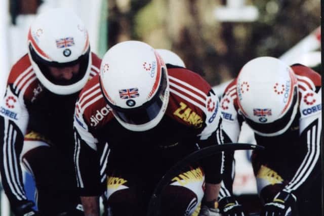 MEDAL CLINCHERS: The GB four-man bobsleigh team, driven by Sean Olsson (front) at Nagano in 1998.