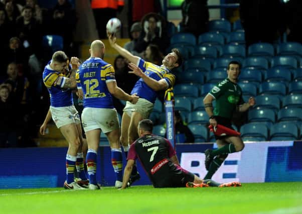Jimmy Keinhorst celebrates his hat-trick try for Leeds Rhinos against Hull KR (
Picture: Jonathan Gawthorpe).