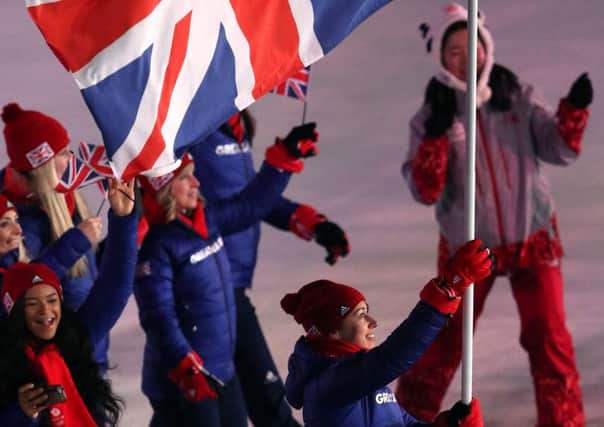 Great Britain flag-bearer Lizzy Yarnold during the Opening Ceremony of the PyeongChang 2018 Winter Olympic Games at the PyeongChang Olympic Stadium