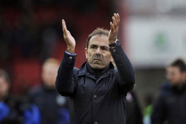THANKS: Jos Luhukay applauds the Sheffield Wednesday fans at Oakwell. Picture: Steve Ellis