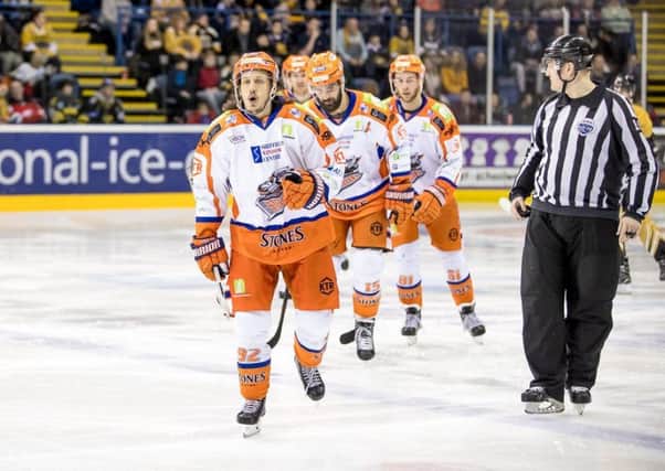 TOP MAN: Jonas Westerling, front, celebrates one of his three goals against Nottingham Panthers. Picture: Panthers/EIHL.