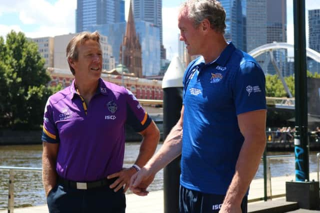 Opposite numbers Brian McDermott, of Leeds Rhinos, and Craig Bellamy, of Melbourne Storm, discuss Fridays World Club Challenge in Melbourne (Picture: Leeds Rhinos).