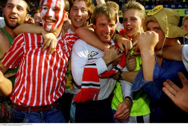 Dave Bassett is mobbed after Sheffield United gained promotion at Filbert Street in 1990.