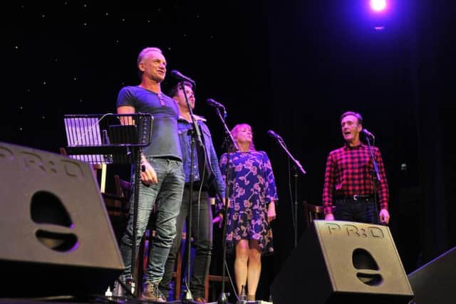 Sting performs at the City Varieties Music Hall in Leeds, with cast members Richard Fleeshman, Charlie Hardwick and Joe McGann.