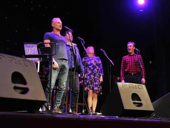 Sting performs at the City Varieties Music Hall in Leeds, with cast members Richard Fleeshman, Charlie Hardwick and Joe McGann.