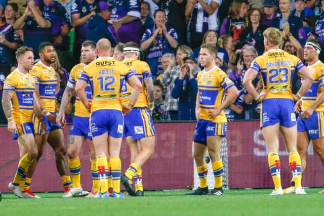 A disappointed Leeds after conceding a try