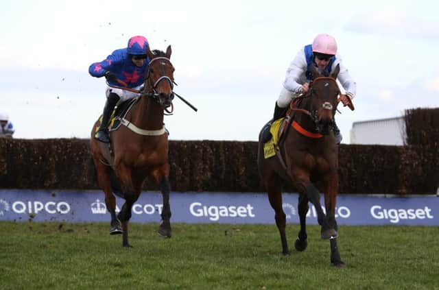 Winner: Waiting Patiently and Brian Hughes, right, lead Cue Card and Paddy Brennan away from the last fence.