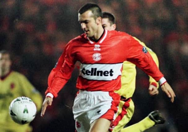 Middlesbrough's Marco Branco scores his side's second goal in the first five minutes against Liverpool in their Coca-Cola semi-final second leg in 1998. (Picture: Owen Humphreys/PA)