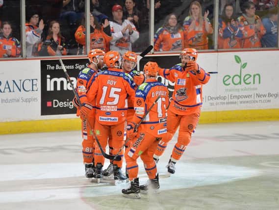 Sheffield Steelers' players celebrate a goal against Guildford Flames on Saturday night. Picture: Dean Woolley.