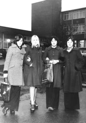 Leeds, 3rd February 1976

West Leeds Girls High School.

The "no trousers" row continued today at West Leeds Girls High School and girls who turned up in trousers expected to be asked to change at school.

Wearing trousers in our picture are (from left) Deborah Woollin, Annett Bransberg and Dawn Kearsley.

In the skirt is Lorraine Bransberg.