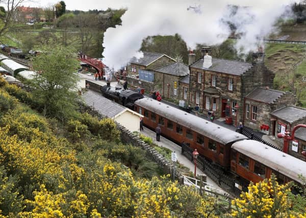 A steam train pulls into Goathland Station bound for Pickering on the North Yorkshire Moors Railway. 18 April 2017. Picture Bruce Rollinson