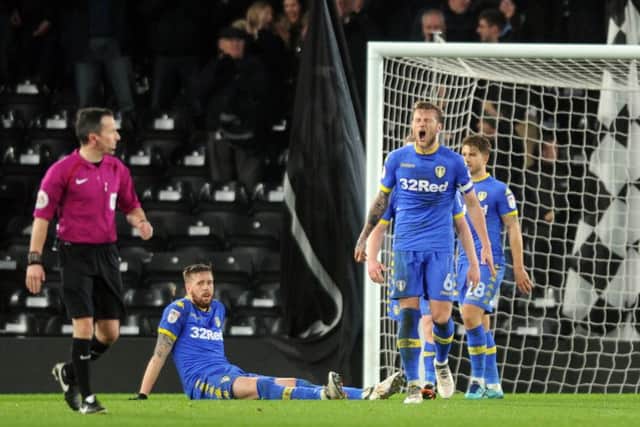 LATE BLOW: Leeds United's captain Liam Cooper shows his anger at conceding a late equaliser at Pride Park against hosts Derby County.  Picture: Tony Johnson.
