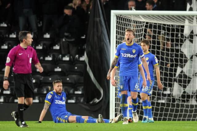AGONY: Leeds United  captain Liam Cooper shows his anger after conceding a late  equaliser at Pride Park.  Picture: Tony Johnson.