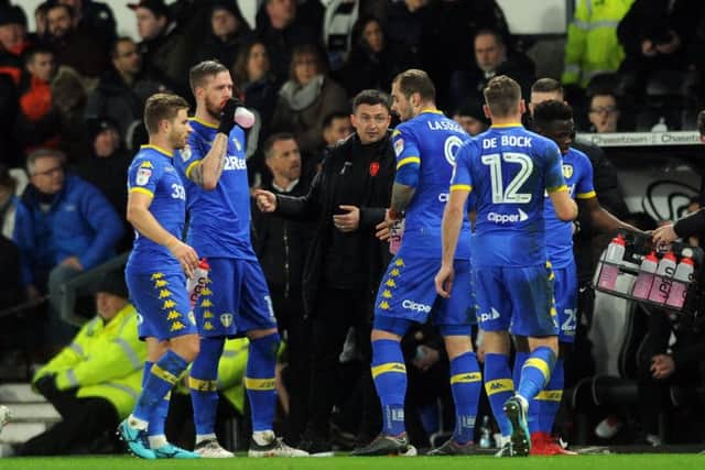 Leeds 
United boss Paul Heckingbottom instructs his players after they went 1-0 ahead through Pierre-Michel's first-half header.  Picture: Tony Johnson.