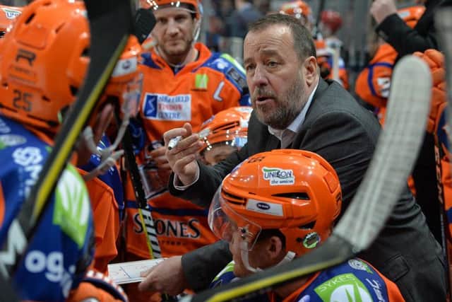 FRUSTRATED: Sheffield Steelers' head coach Paul Thompson tries to get his message across to his players. Picture; Dean Woolley.