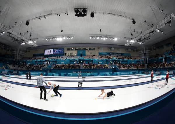 Great Britain's men pictured in action during their curling play-off match with Switzerland at the Gangneung Curling Centre. Picture: David Davies/PA.