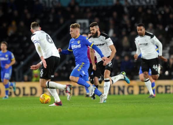 HELLO AGAIN: Leeds United's Samuel Saiz runs at the  Derby County defence on Wednesday night.  Picture: Tony Johnson.