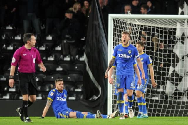 Leeds United's captain Liam Cooper shows his anger at conceding a late equaliser at Pride Park.  Picture: Tony Johnson.