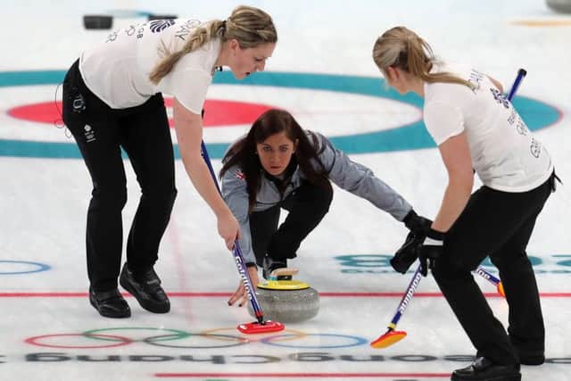 Great Britain's (left-right) Lauren Gray, skipper Eve Muirhead and Vicki Adams during the Women's Semi-Final against Sweden at the Gangneung Curling Centre during day fourteen of the PyeongChang 2018 Winter Olympic Games in South Korea. (Picture: Mike Egerton/PA Wire)