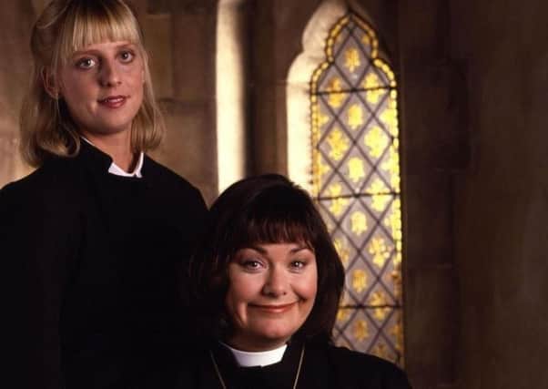 Emma Chambers and co-star Dawn French in The Vicar of Dibley.