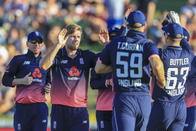 Englands David Willey is congratulated on taking the wicket of Yorkshire team-mate Kane Williamson, of New Zealand (Picture: John Cowpland/AP).